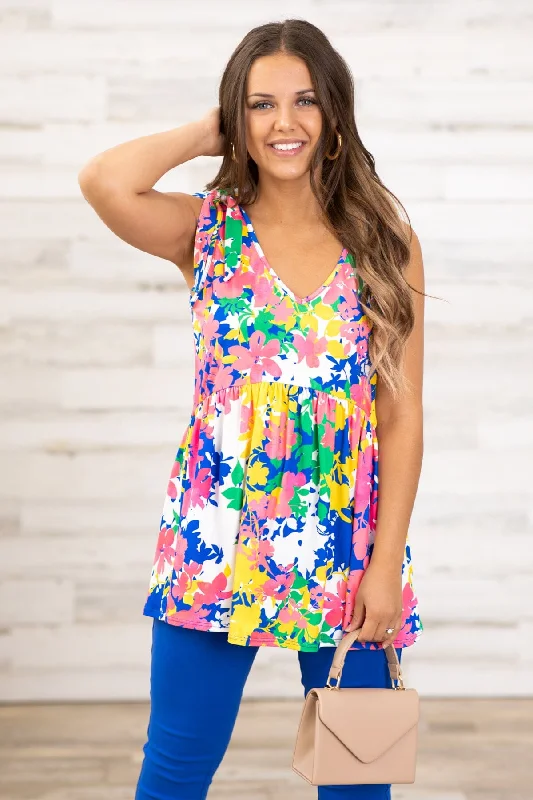 Pink and Cobalt Multicolor Floral Babydoll Top