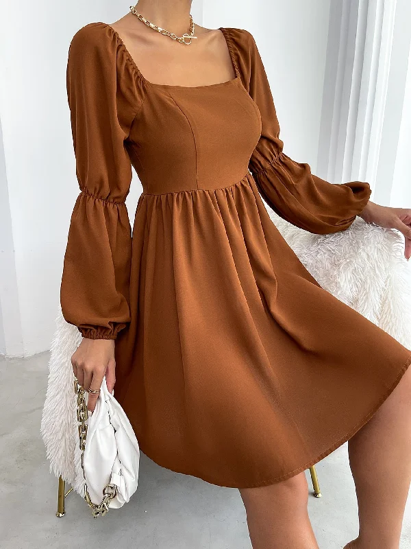 Plain Long Sleeve Square Neck Flared High Waist Short Dress