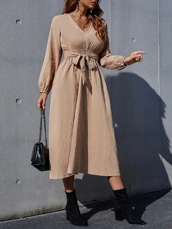 Plain Belted Long Sleeve V Neck Flared High Waist Long Womens Dress