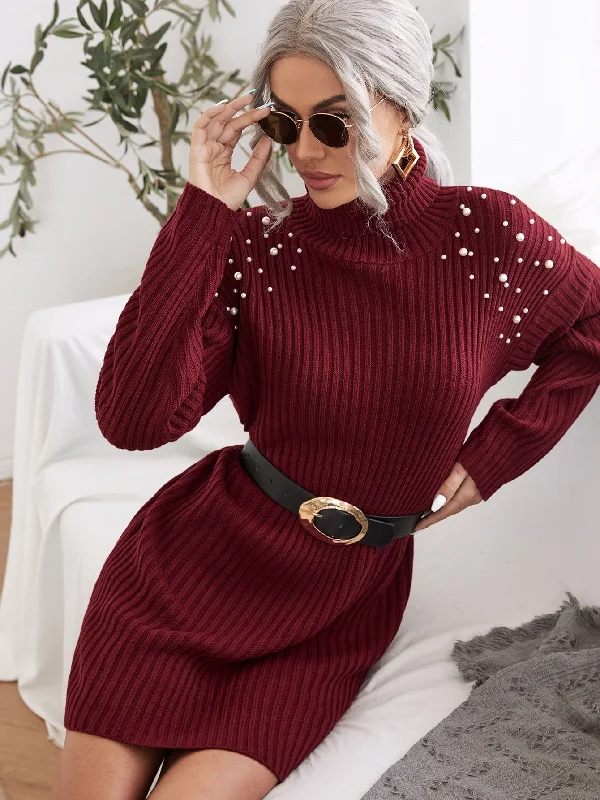 Casual Plain Pearls Long Sleeve High Neck Straight Natural Short Women Sweater Dress