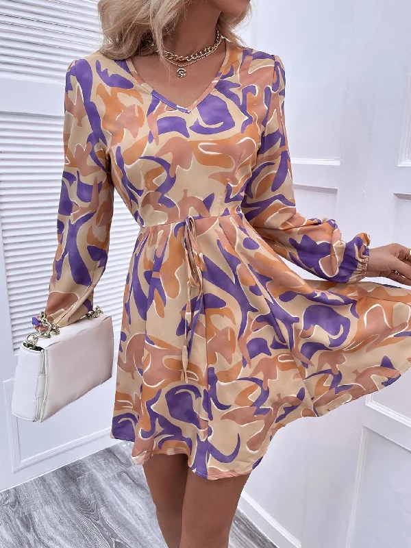 All Over Print Knot Long Sleeve V Neck Flared High Waist Short Dress