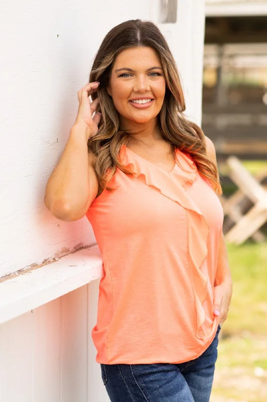 Neon Coral Tank With Front Ruffle Detail