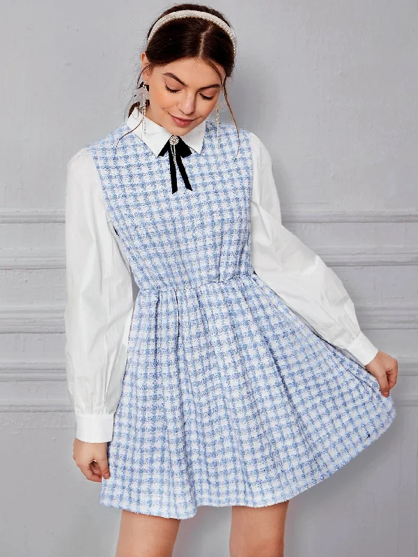 Plaid Button Long Sleeve Collar Flared High Waist Short Dress