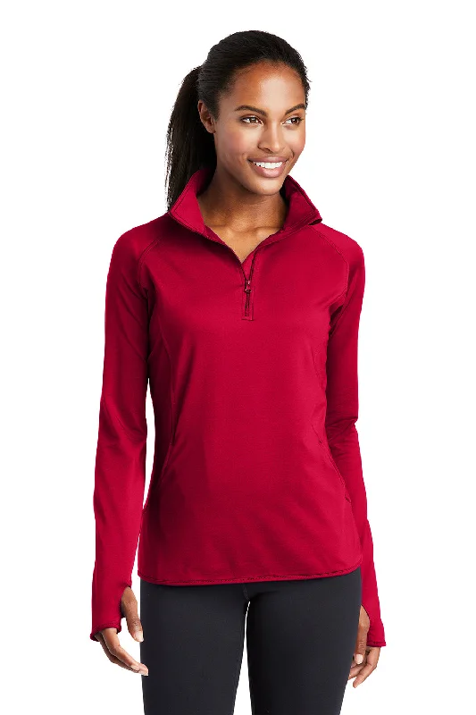 Sport-Tek Womens Sport-Wick Moisture Wicking 1/4 Zip Sweatshirt w/ Pouch Pocket - Deep Red