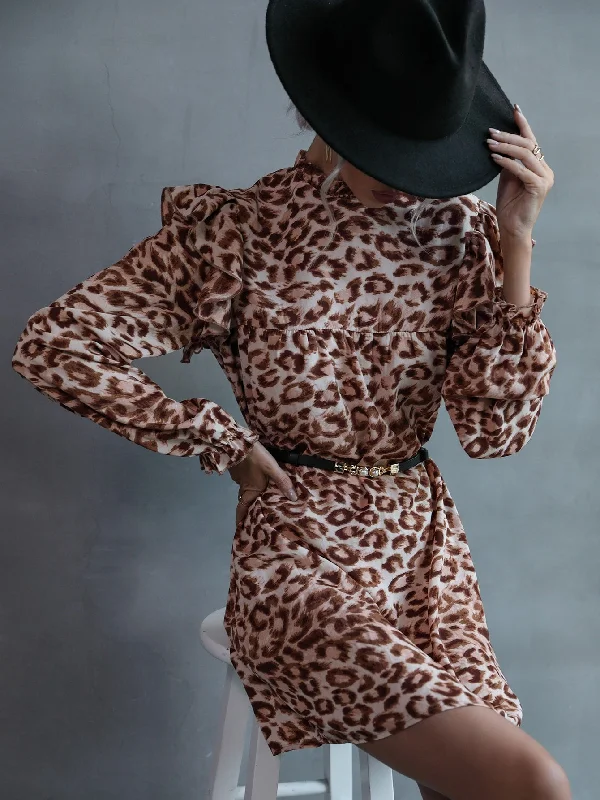 Leopard Ruffle Neck Long Sleeve Stand Collar Straight High Waist Short Dress